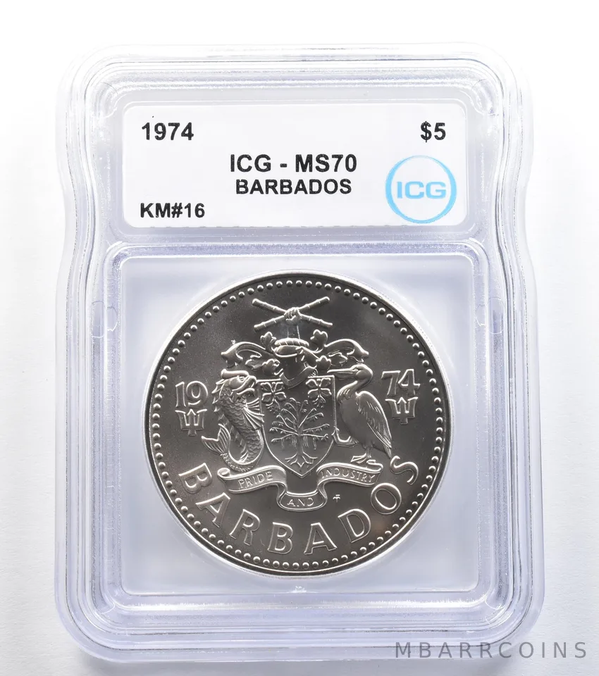 1974 Barbados 5 Dollars Silver KM#16 MS70 ICG a8006