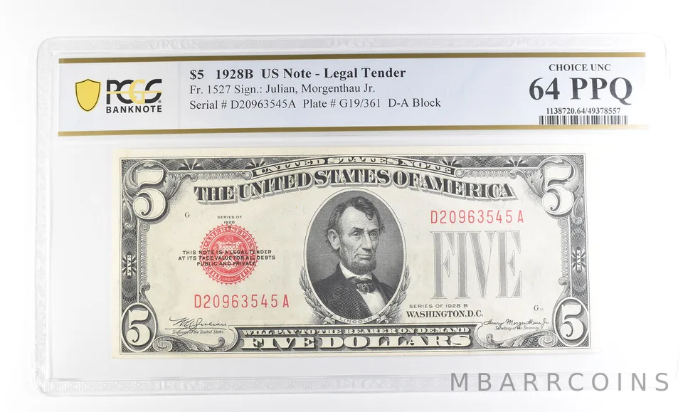 1928 B $5 US Legal Tender Fr#1527 Choice Unc 64 PPQ PCGS a2383