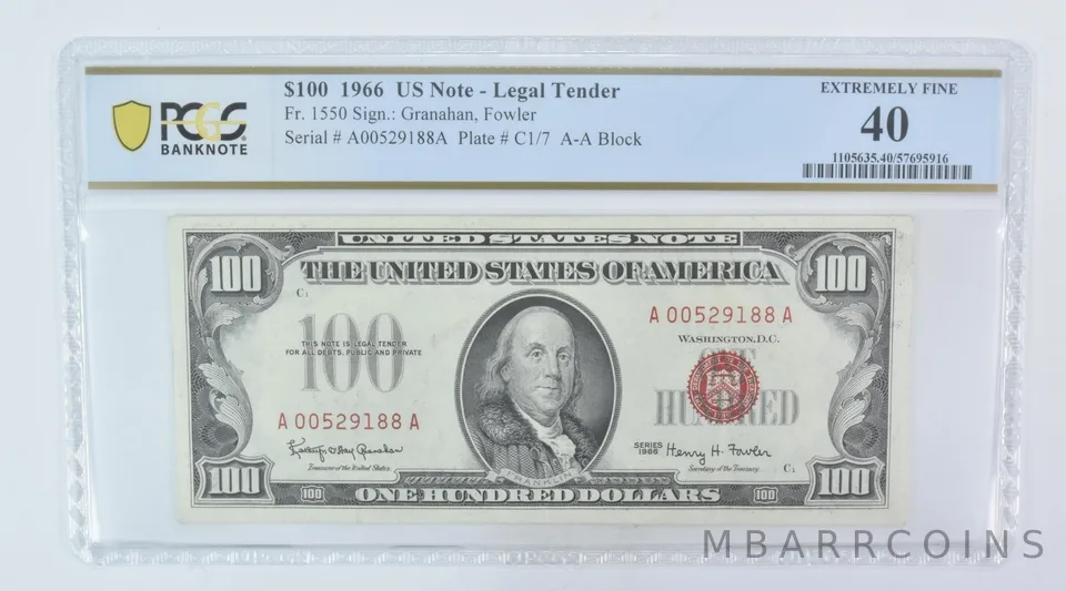 1966 $100 Legal Tender Fr#1550 Extremely Fine 40 PCGS *5974