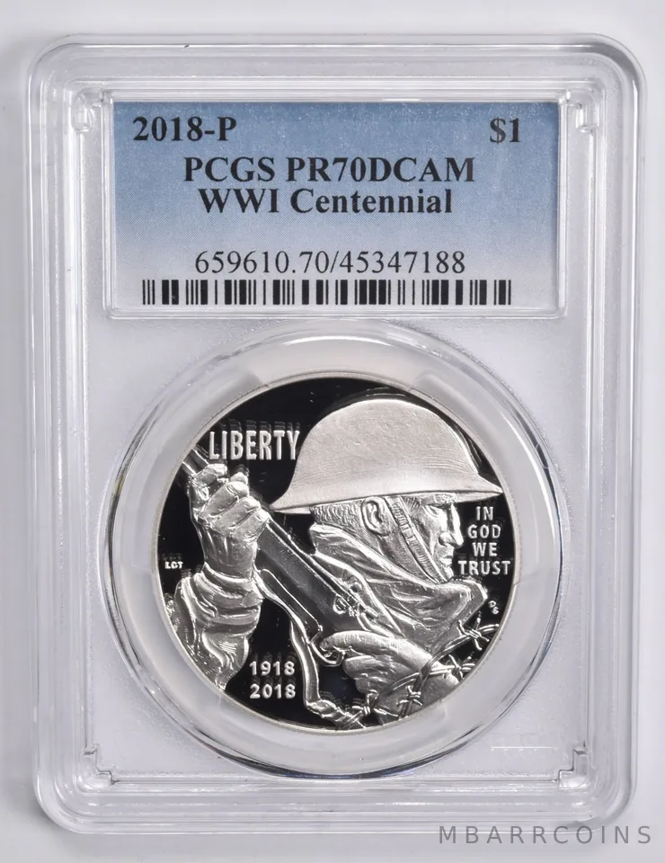 2018-P WWI Commemorative Dollar $1 PR70 DCAM PCGS Blue Lbl