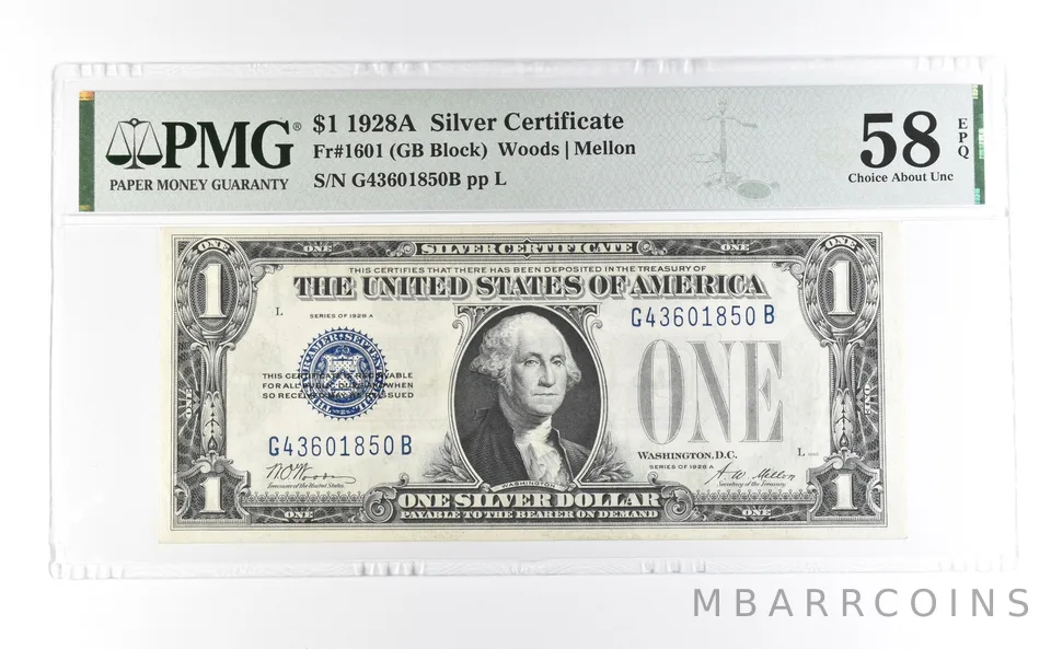 1928 A $1 Silver Certificate Fr#1601 Choice About Unc 58 EPQ PMG *6982