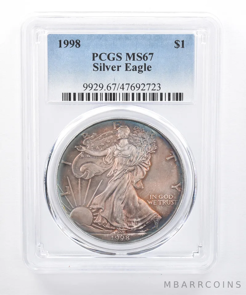 1998 American Silver Eagle MS67 PCGS Dark Rainbow Tone *8448