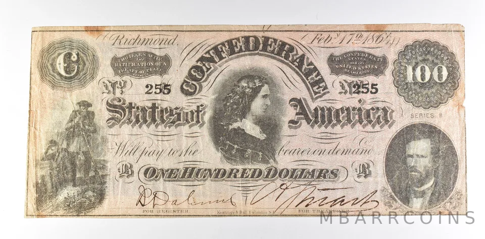1864 $100 Confederate States Of America T-65 Large Note *8594