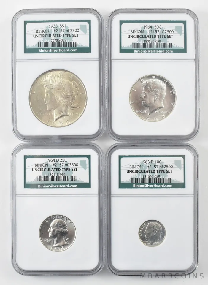 Lot (4) 1923 Peace Silver Dollar/Dime Half Quarter Unc Type Set Binion NGC *9799