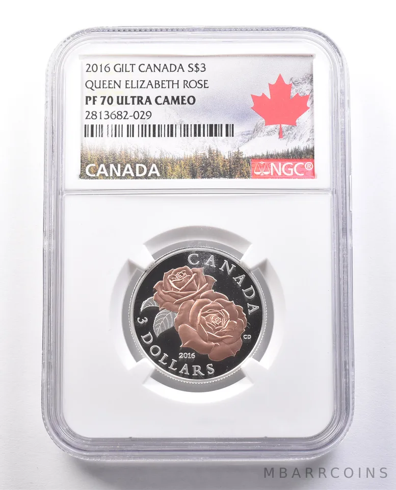 2016 Canada 3 Dollars Silver Gilt Queen Elizabeth Rose PF70 UCAM NGC *9990