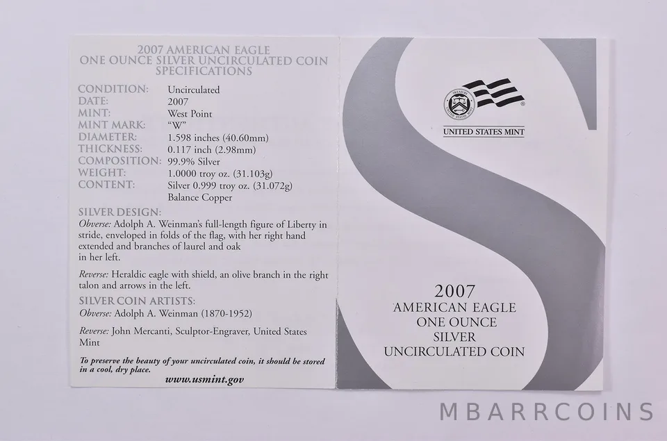 COA 2007-W Burnished Silver Eagle