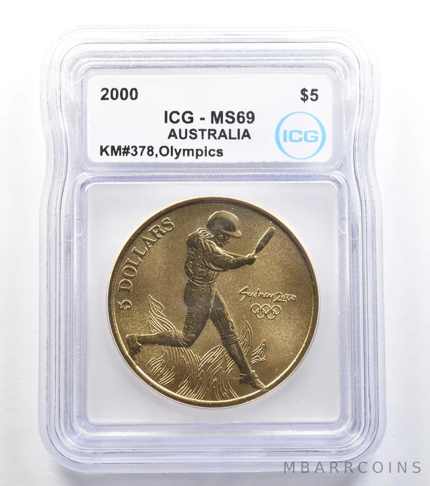 2000 Australia 5 Dollar Sydney Olympics Softball KM#378 MS69 ICG *7911