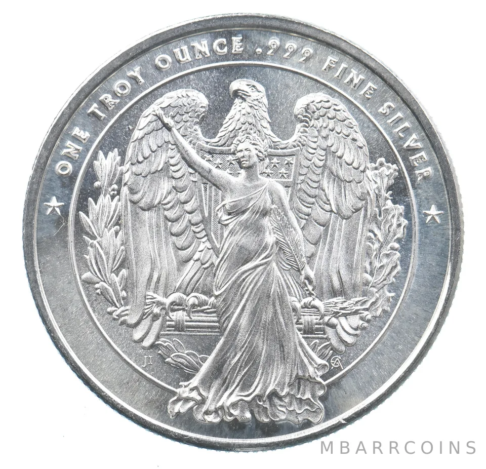 VINTAGE Art Bar/Round Lady Liberty and Eagle Art Round 1 Oz. Silver 1 T Oz *239