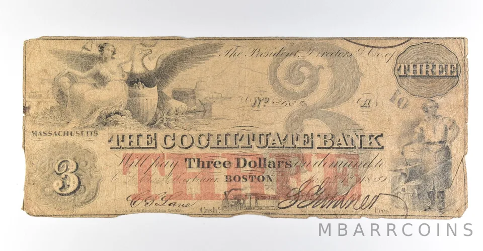 1851 $3 Boston MA Cochituate Bank Obsolete Note *8416