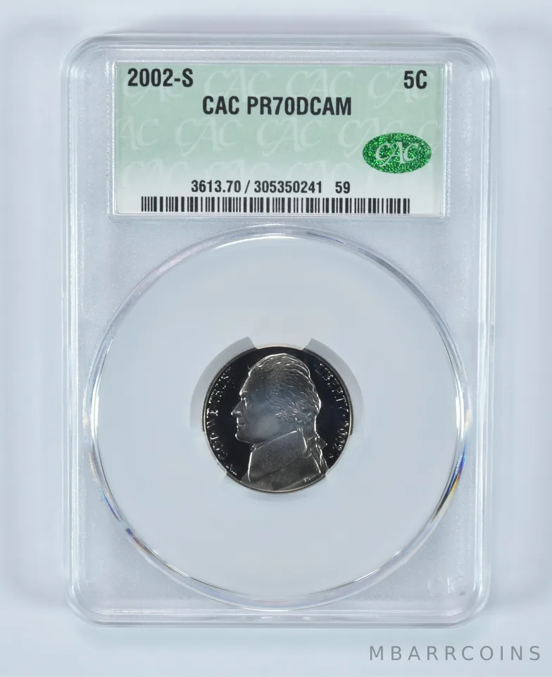 2002-S Jefferson Nickel PR70 DCAM CAC CACg