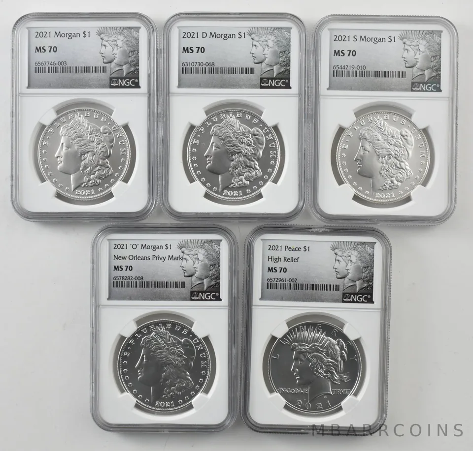 Lot (5) 2021/D/S/'O' Morgan/Peace Silver Dollar MS70 NGC *9441