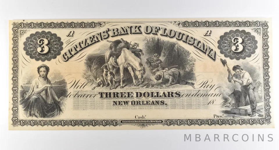 1800s $3 New Orleans LA Citizens Bank Obsolete Note *3840
