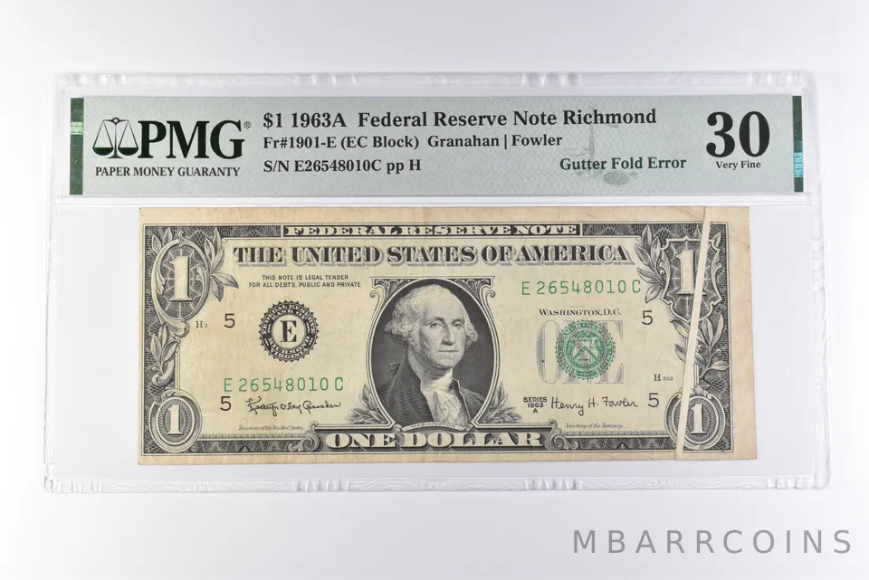 PMG 30 VF $1 1963A FRN Richmond Fr#1901-E Gutter Fold Error a3085