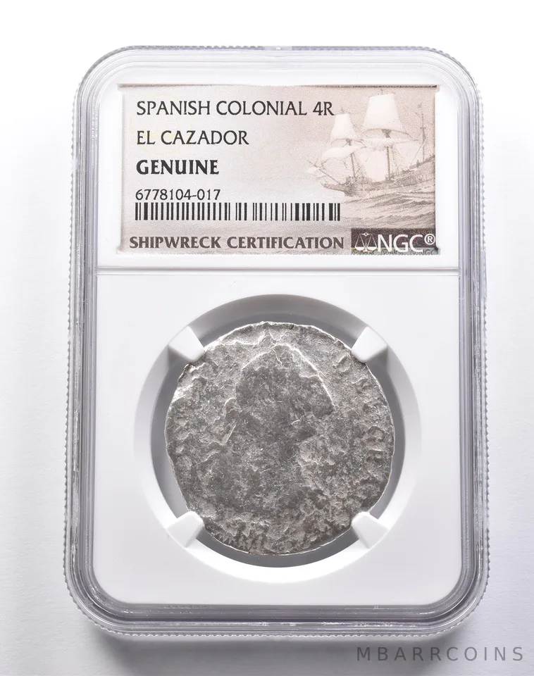 Genuine El Cazador Spanish Colonial 4 Reales NGC Shipwreck Certification *3690