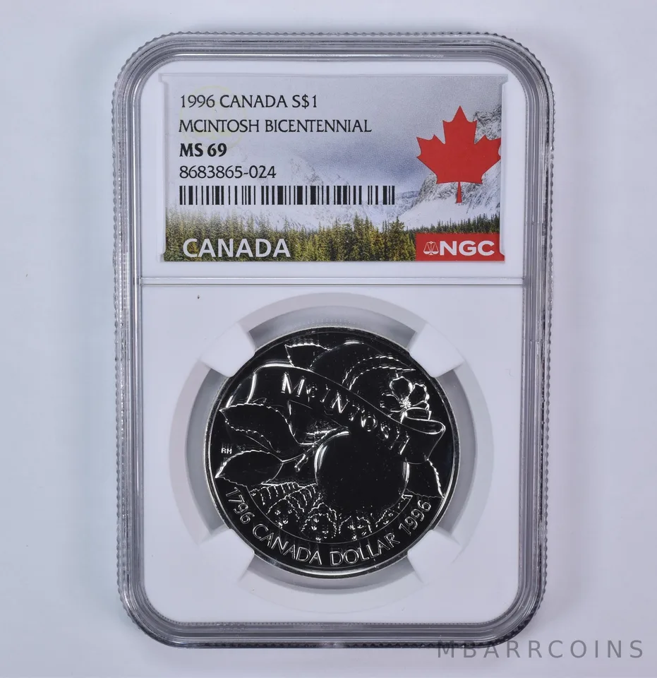 1996 Canada 1 Dollar Silver McIntosh Bicentennial MS69 NGC Canada Label
