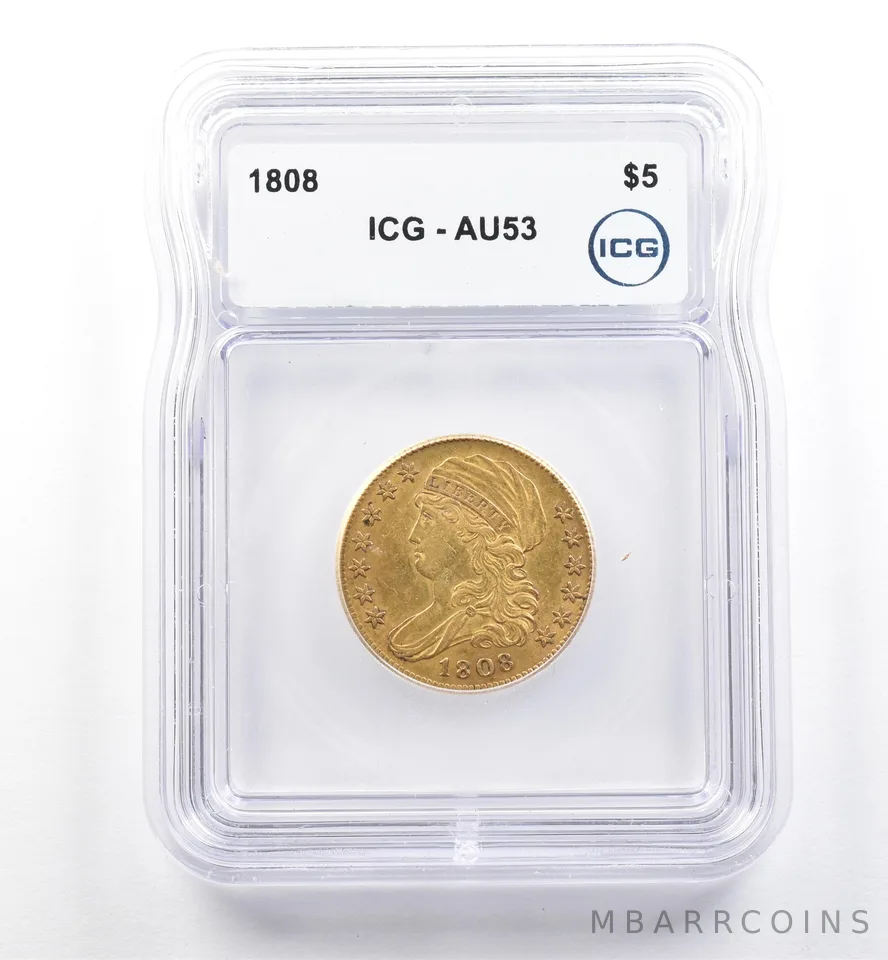 1808 $5 Capped Bust Gold Half Eagle AU53 ICG *6104