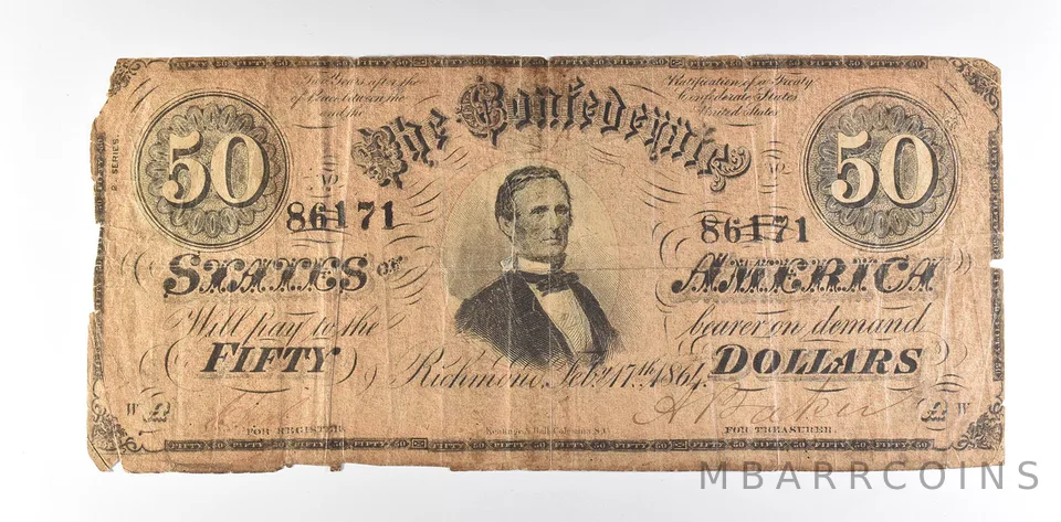 1864 $50 Confederate States Of America T-66 Large Note *8530