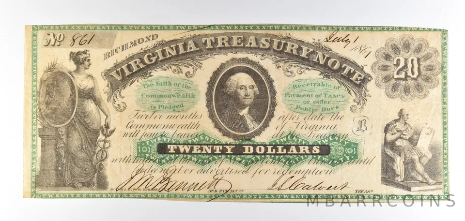 1861 $20 Richmond VA Treasury Note Obsolete Note *8767