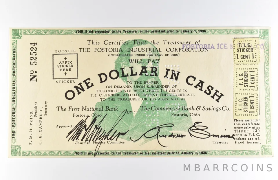 1936 $1 Fostoria OH Industrial Corporation Obsolete Note *8574