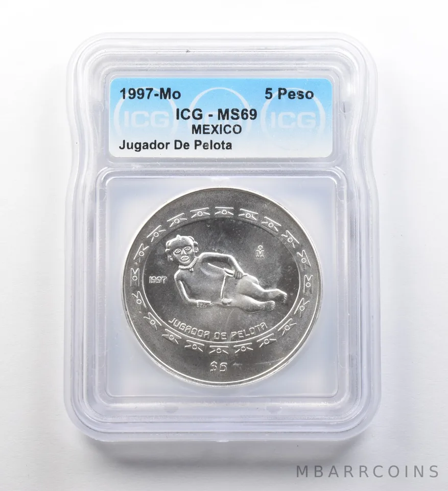 1997 Mo Mexico 5 Peso Silver Jugador De Pelota MS69 ICG *8225