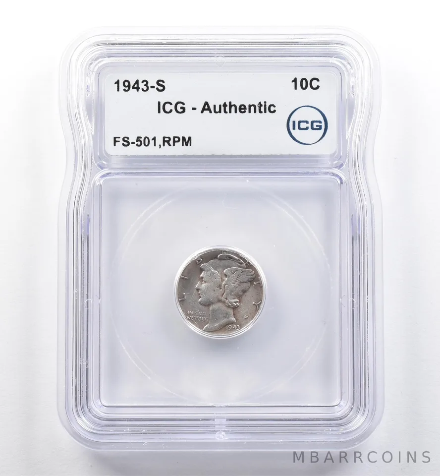 1943-S Mercury Dime FS-501 RPM Authentic ICG *5998