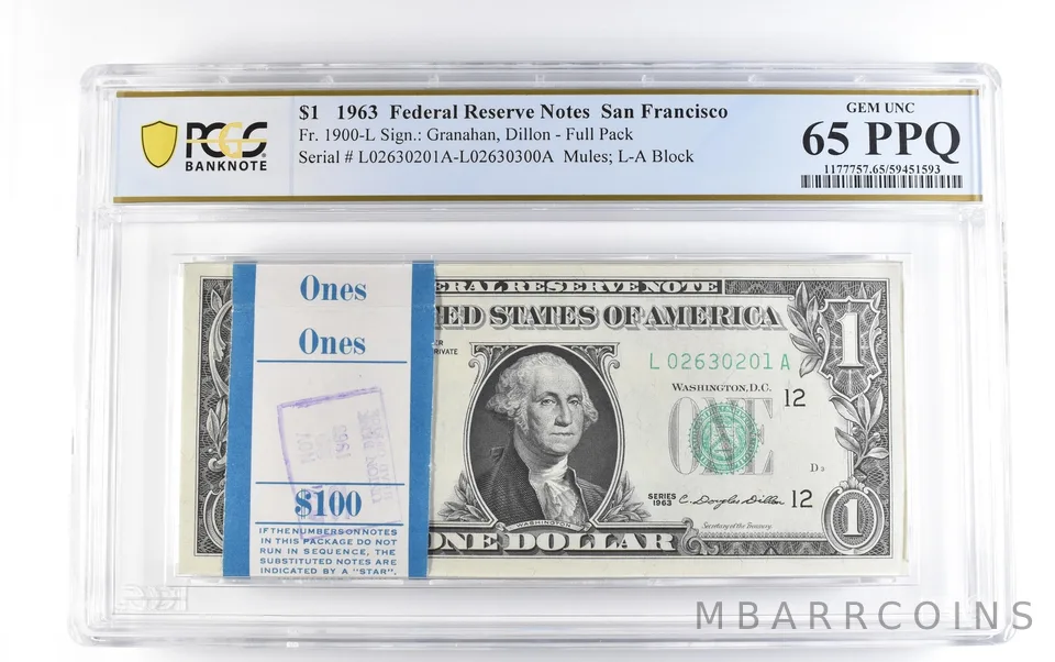 Lot (100) 1963 $1 San Francisco CA FRN Fr#1900-L Full Pack Unc 65 PPQ PCGS *1697
