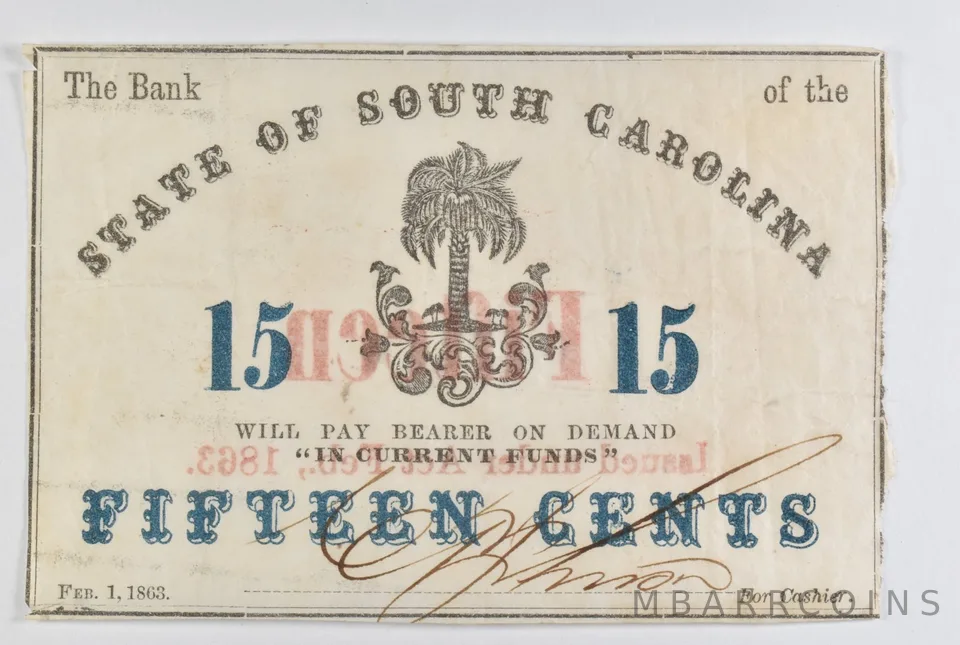 1863 15 Cents State Of South Carolina Bank Note a8463