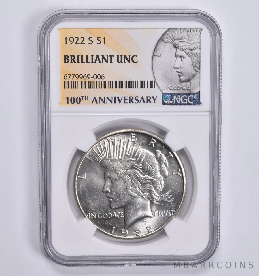 1922-S Peace Silver Dollar MS Unc BU NGC 100th Anniv 2021 Special Lbl
