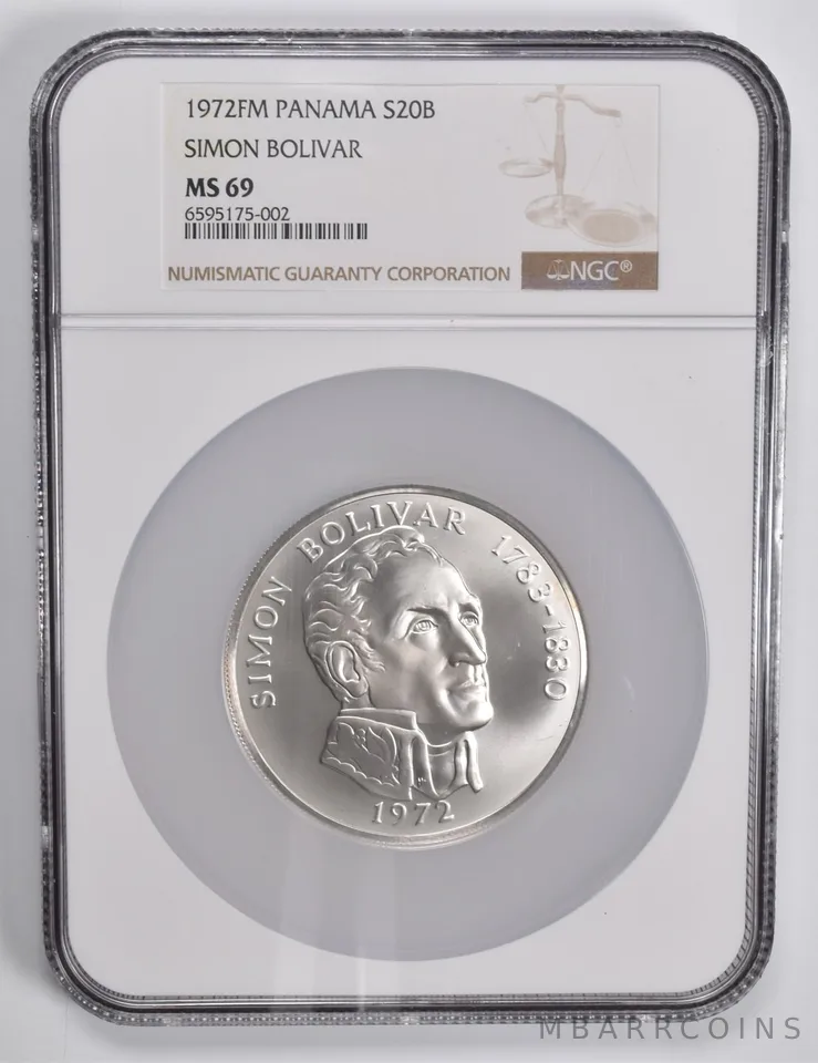 1972 FM Panama 20 Balboas Simon Bolivar Silver MS69 NGC Brown Lbl