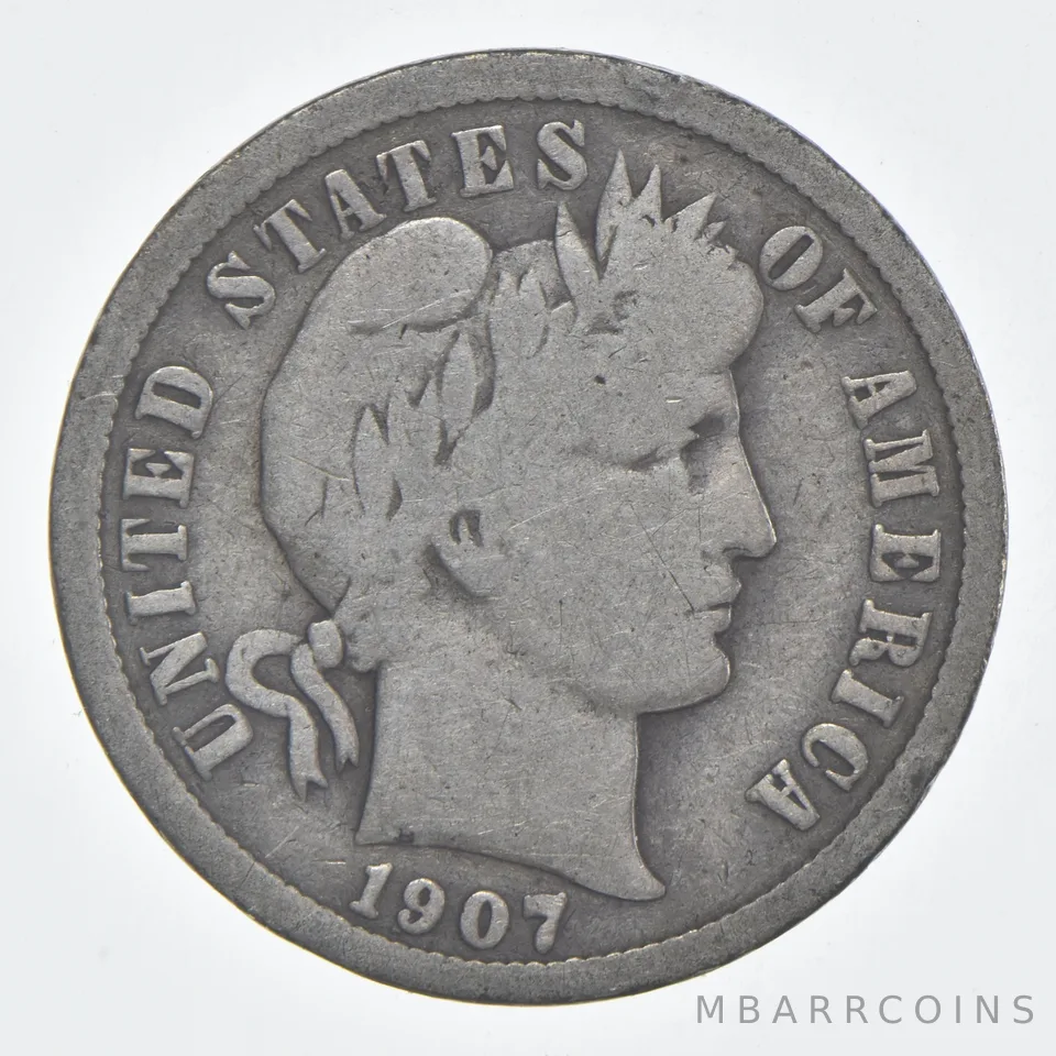 1907 (P) Barber Dime 90% Silver VG Condition