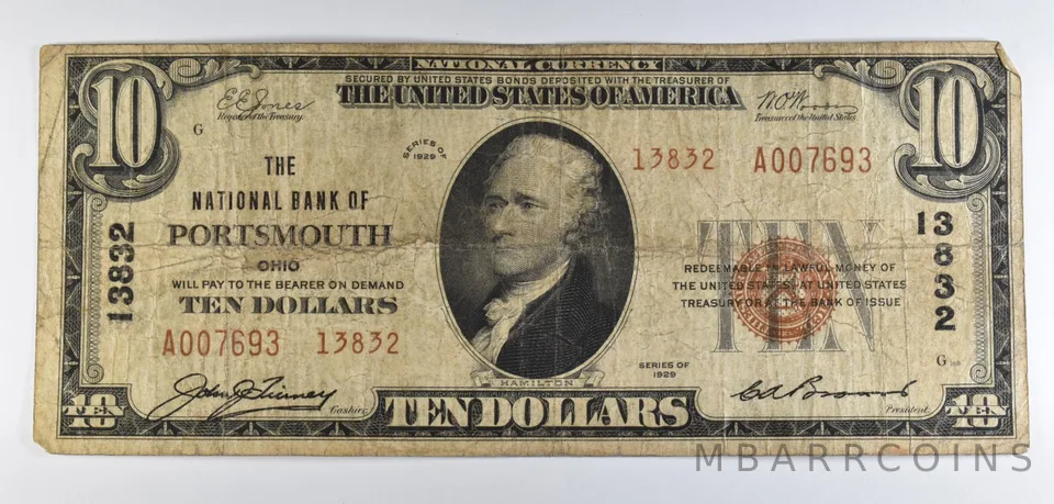 1929 $10 National Currency Note Portsmouth OH Ch#13832 *8544