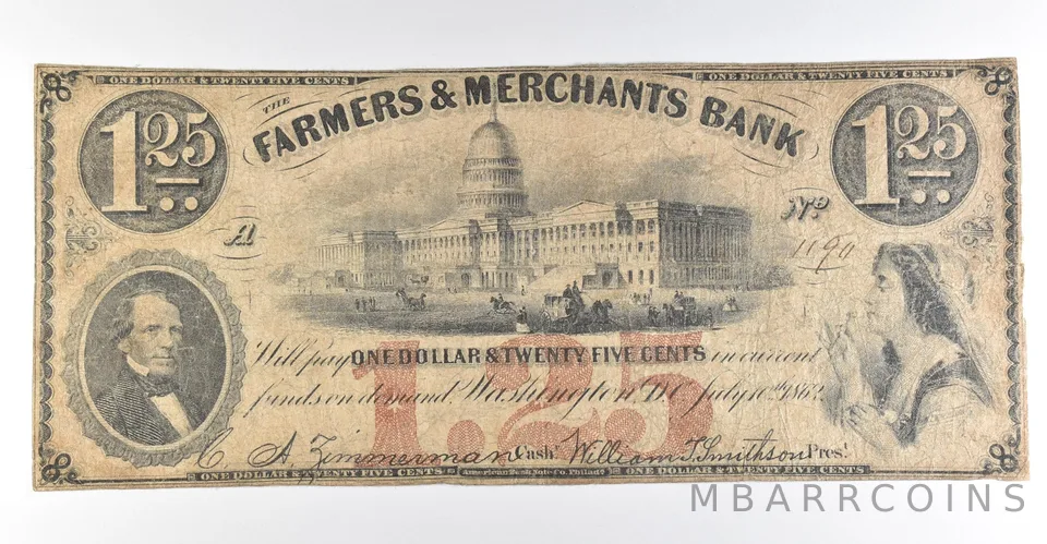 1862 $1.25 Washington DC Farmers & Merchants Bank Obsolete Note *8476