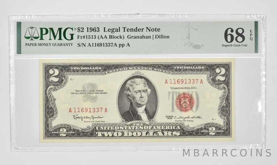 $2 1963 US Tender Red Seal PMG 68 EPQ Superb GEM UNC Fr#1513 (AA Block) a0998