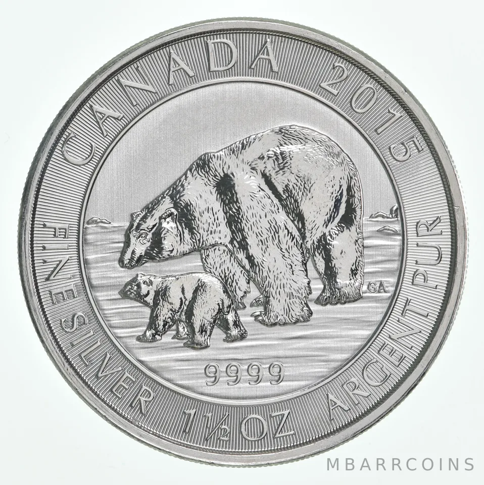 2015 Canada 8 Dollars Silver Polar Bear With Cub 1 1/2 Oz 1.5 Oz Silver
