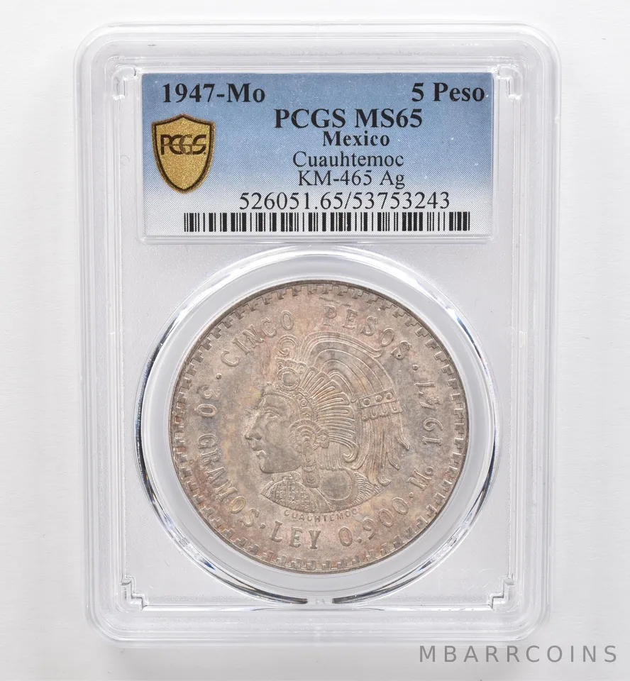 1947 Mo Mexico 5 Pesos Silver Cuauhtemoc KM-465 MS65 PCGS Beautiful Tone *9564