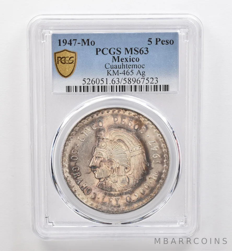 1947 Mo Mexico 5 Pesos Silver Cuauhtemoc KM-465 MS63 PCGS Beautiful Tone *9284
