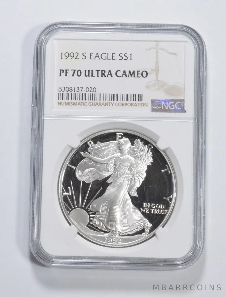 1992-S American Silver Eagle 1 Oz PF70 UCAM NGC Brown Label