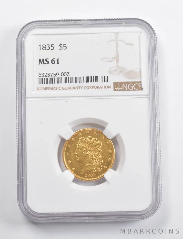 MS61 1835 $5 Classic Head Gold Half Eagle NGC *3486