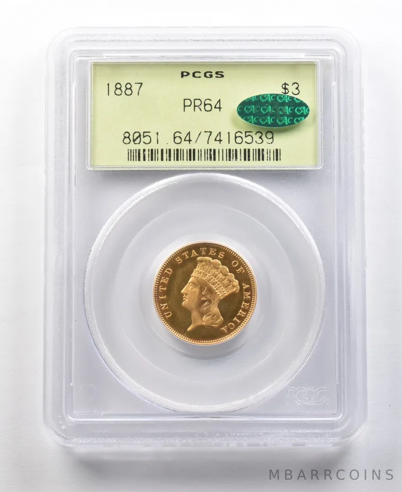 1887 $3 Indian Gold Three Dollars PR64 PCGS OGH CAC INSANE PROOF DCam? *0322