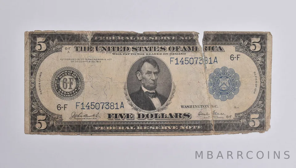 1914 $5 US Federal Reserve Note Large Note Blue Seal Fr# 865 *0518