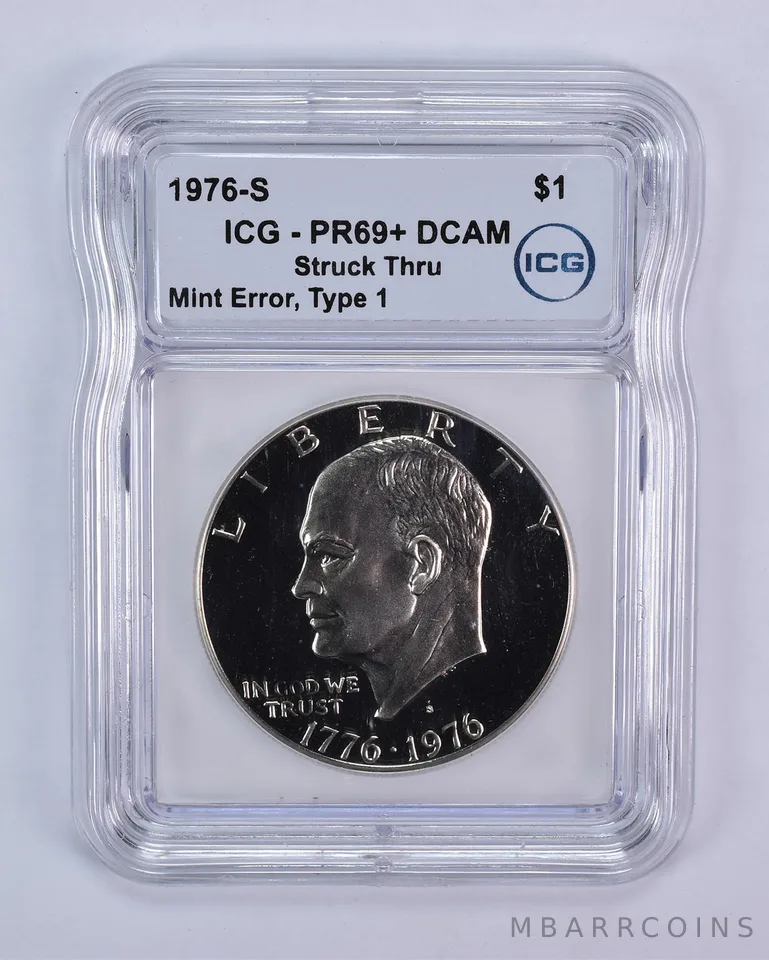 1976-S Eisenhower $1 Type 1 Mint Error Struck Thru PR69+ DCAM ICG