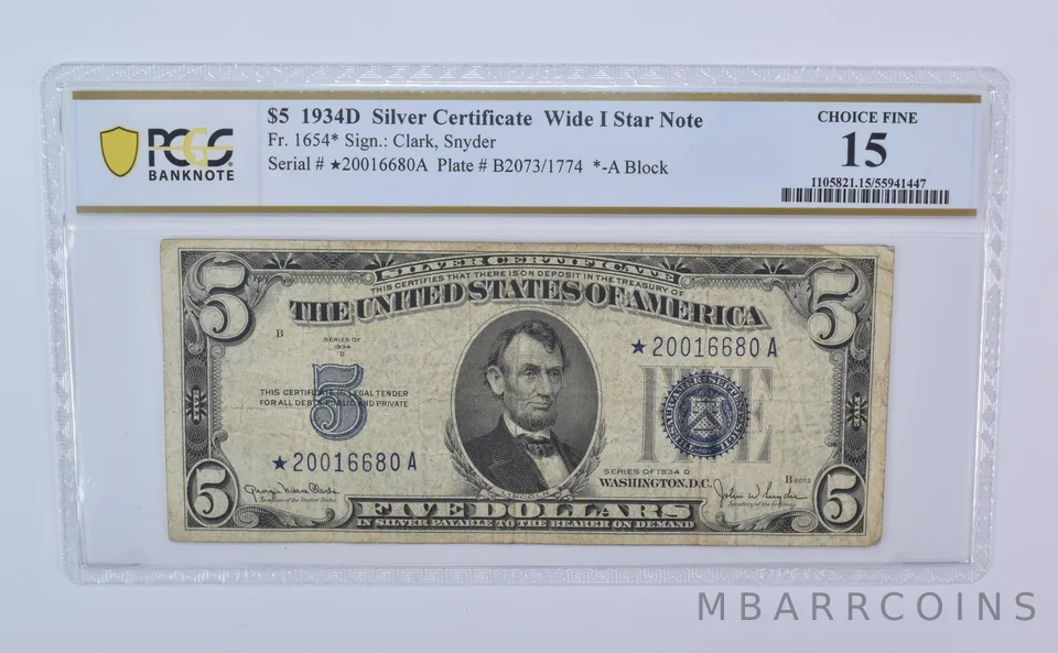 1934 D $5 Silver Certificate Wide I Star Note Fr#1654* Choice Fine 15 PCGS *8106