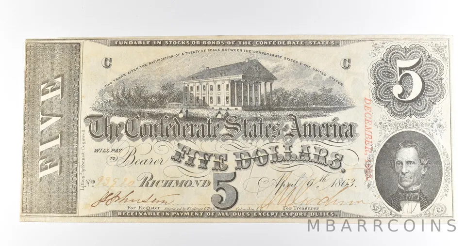 1863 $5 Richmond VA Confederate States Of America Obsolete Note *3882