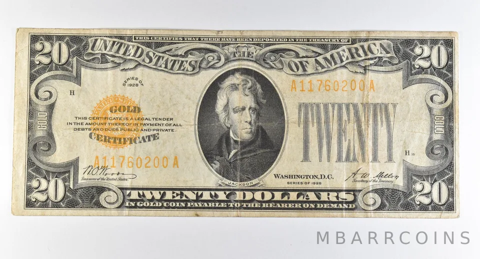 1928 $20 Gold Certificate Yellow Seal *8241