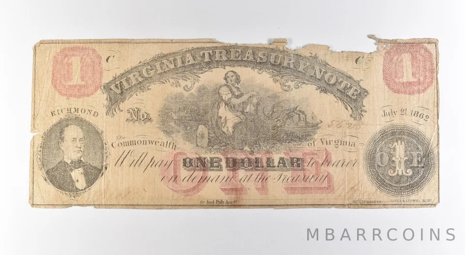 1862 $1 Virginia Treasury Note Large Note *3170