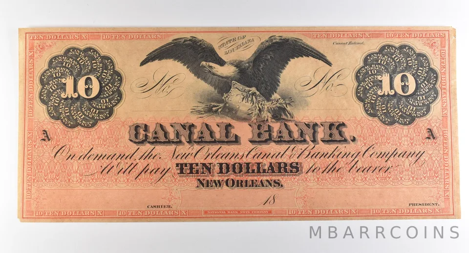 1800s $10 New Orleans LA Canal Bank Obsolete Note *3831