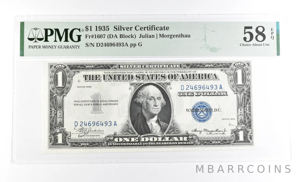 PMG 58 Choice AU EPQ 1935 $1 Silver Certificate Blue Seal Fr#1607 *1120