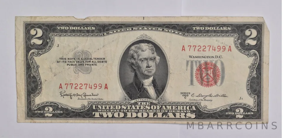 $2 1953-C RED SEAL US United States Note Avg Circ