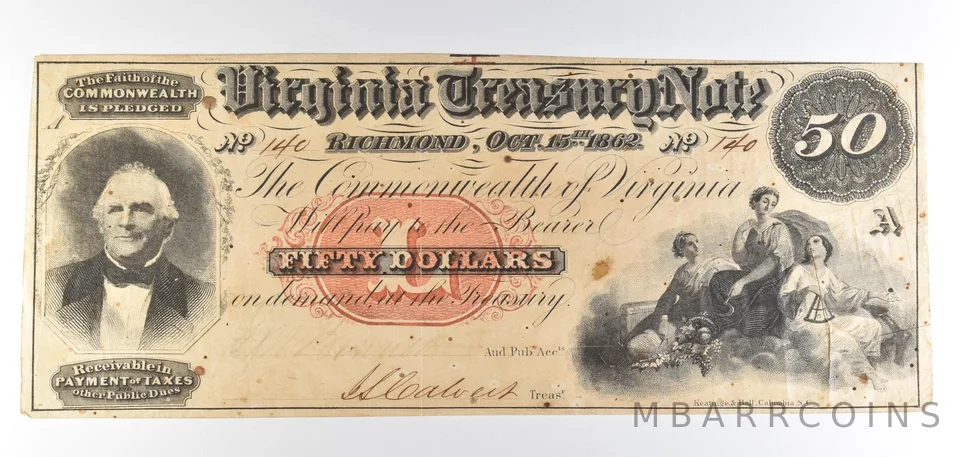 1862 $50 Richmond VA Treasury Note Obsolete Note *8753
