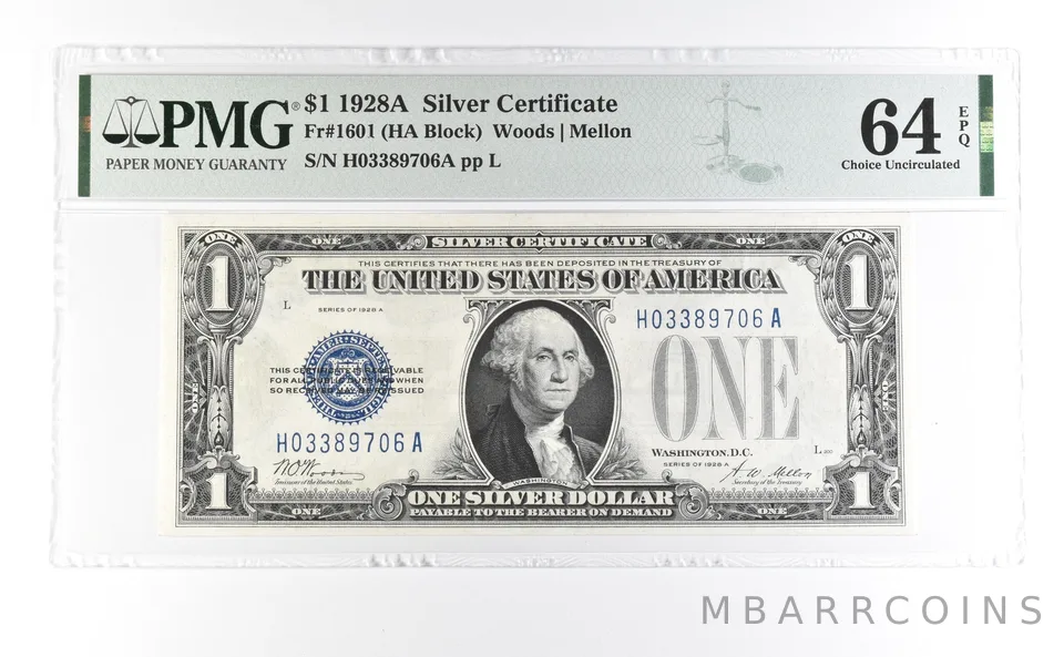 1928 A $1 Silver Certificate Fr#1601 Choice Unc 64 EPQ PMG a7027
